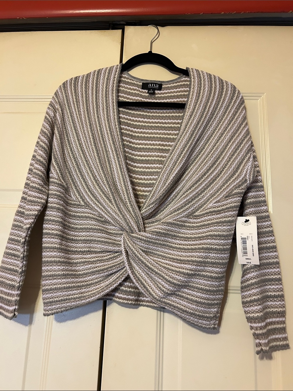 a.n.a Striped V-Neck Twist-Front Sweater in Grays,White and Cream